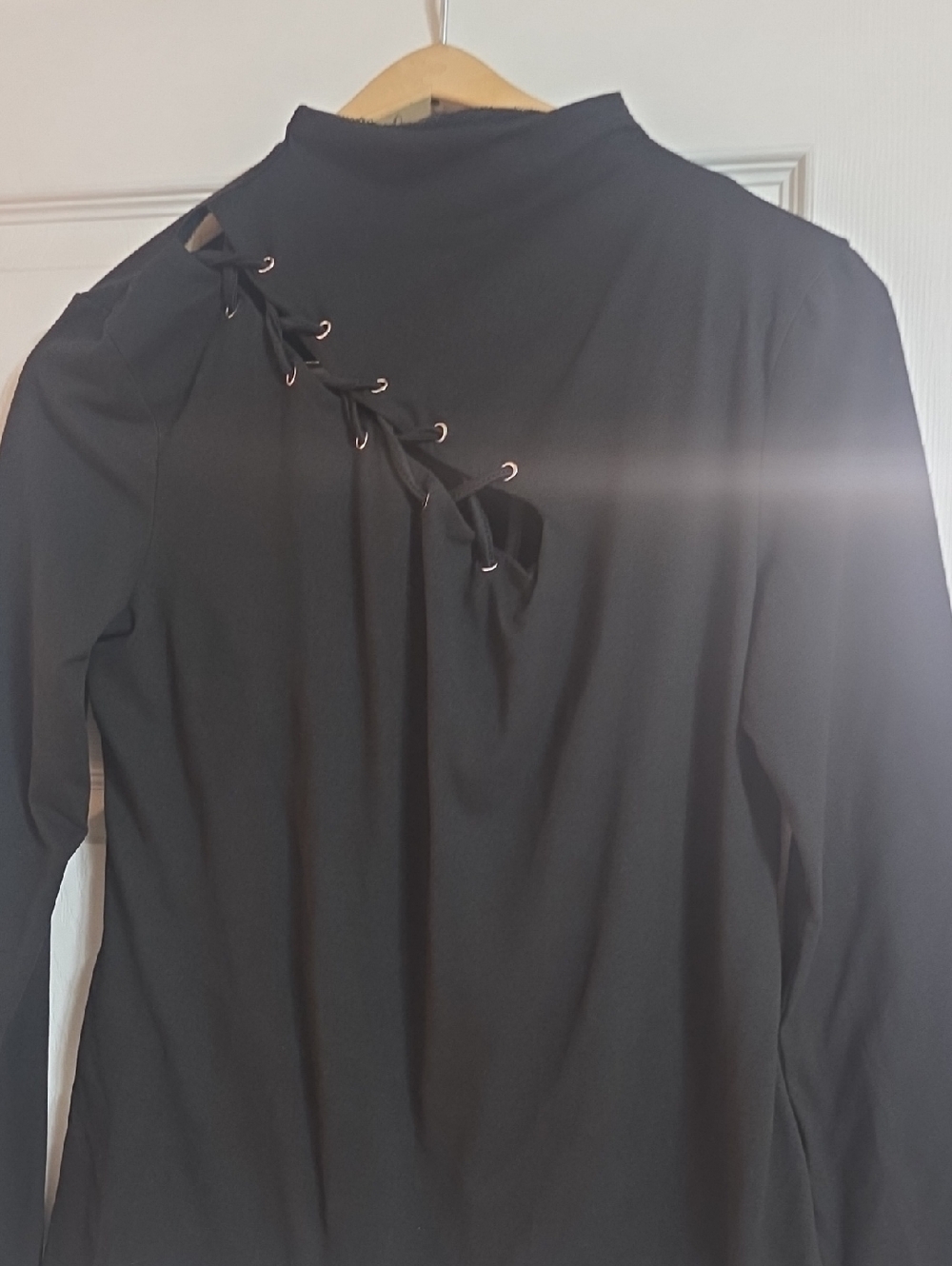 Black Long-Sleeve Top with Eyelet Lace-Up Detail